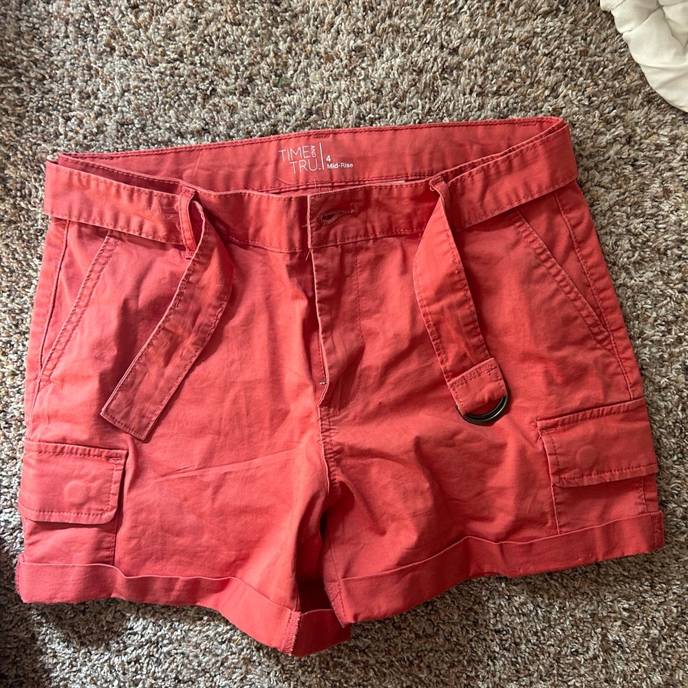 Peachy orange Time and Tru Mid-Rise shorts with removable belt